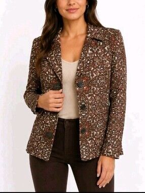Peck&Peck Weekend~Women's Sz 8~Bronze Rust Ethnic Tribal Print Fall Jacket Linen